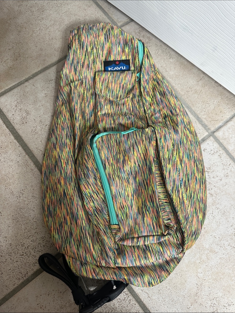 Kavu Multicolor Rope Sling Backpack with Teal Zipper